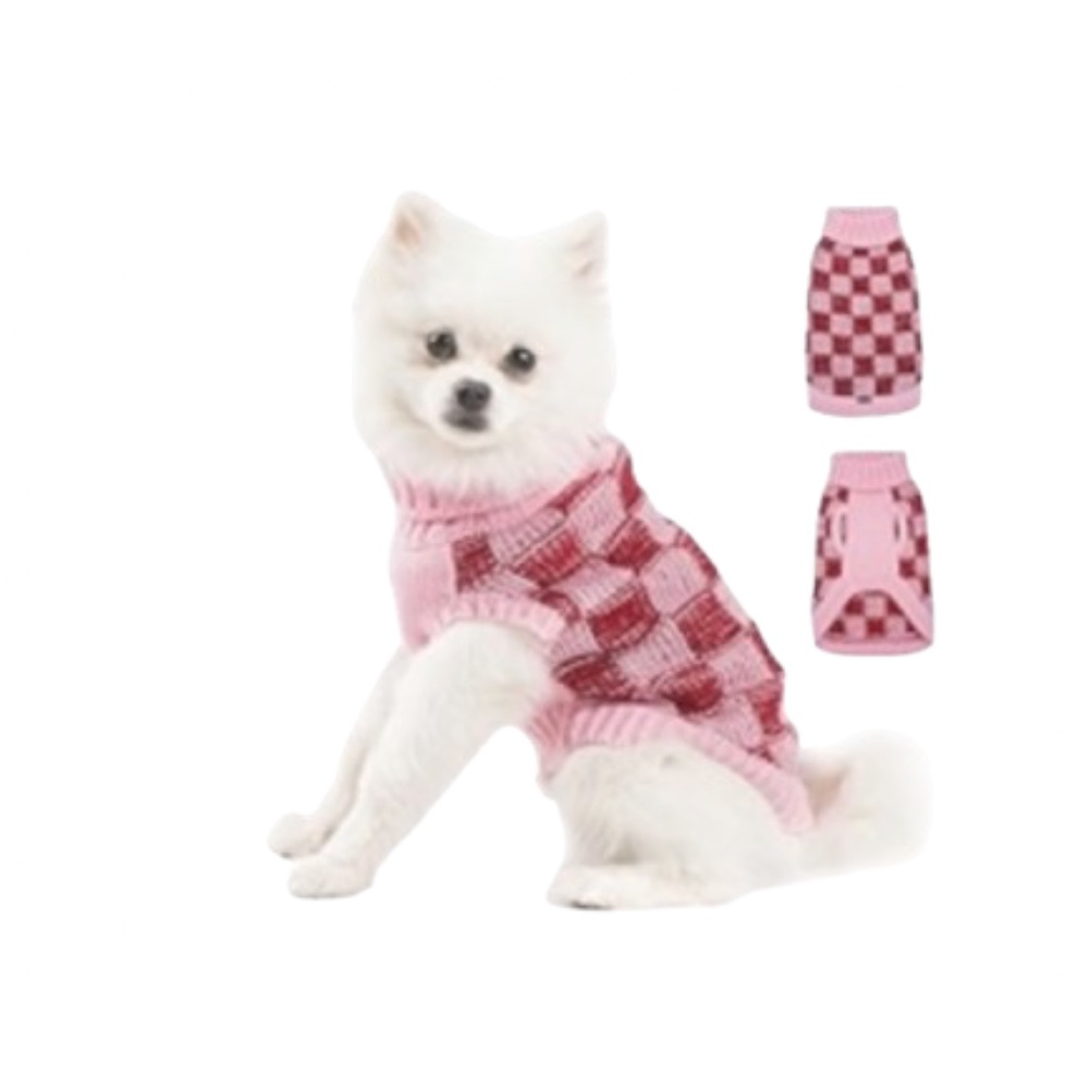 Dog Pink Checker Knitted Warm Sweater